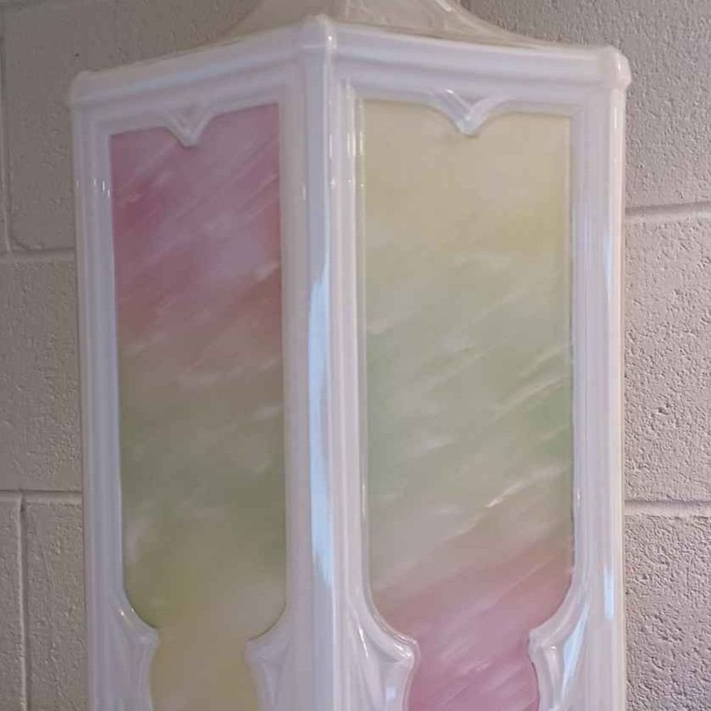 Art Deco Large Hexagon Milk Glass Pendant Ombre Pink-Green-Yellow